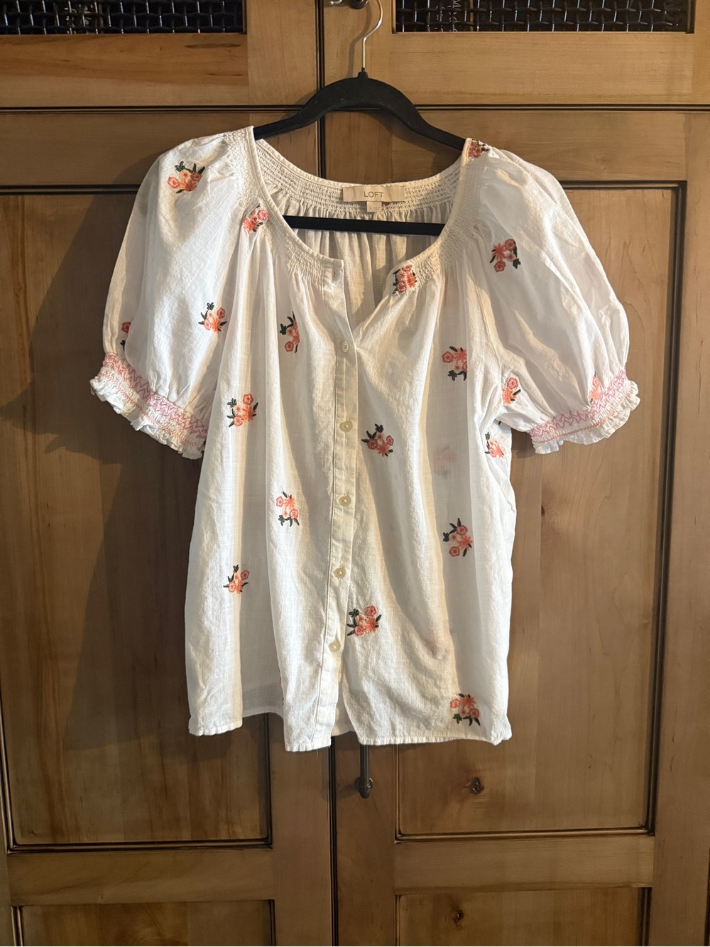 LOFT White Button-Front Peasant Blouse with Pink Floral Embroidery